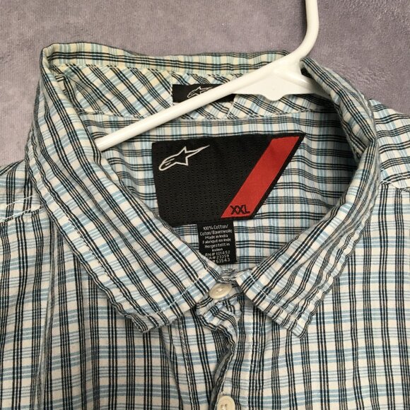Alpinestars Mens Plaid Shirt size XXL Short Sleeve Button Up Pocket White Blue - Picture 15 of 16